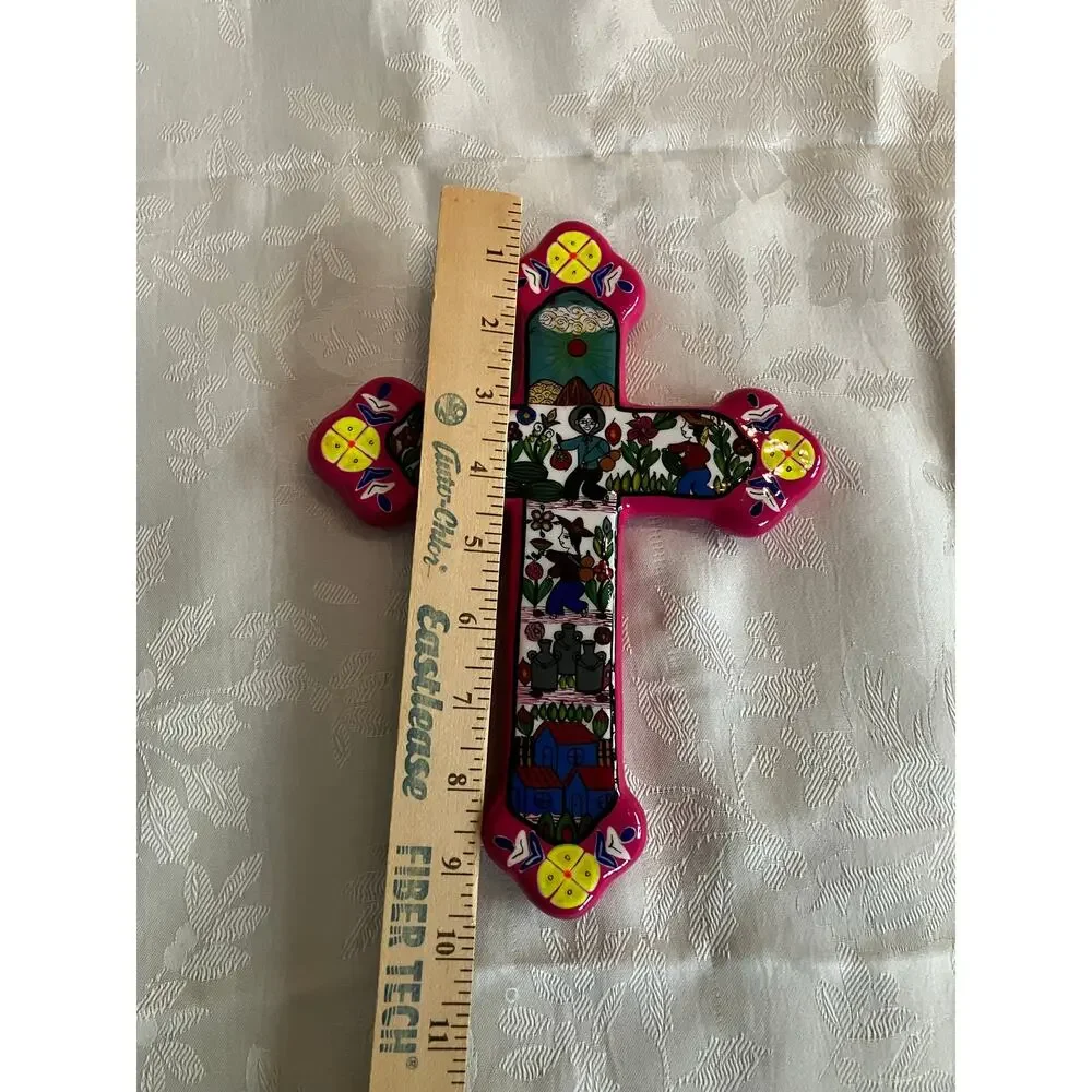 J Ascencion P Guerrero Mexico Ceramic Folk Art Cross Hand Painted Farmers